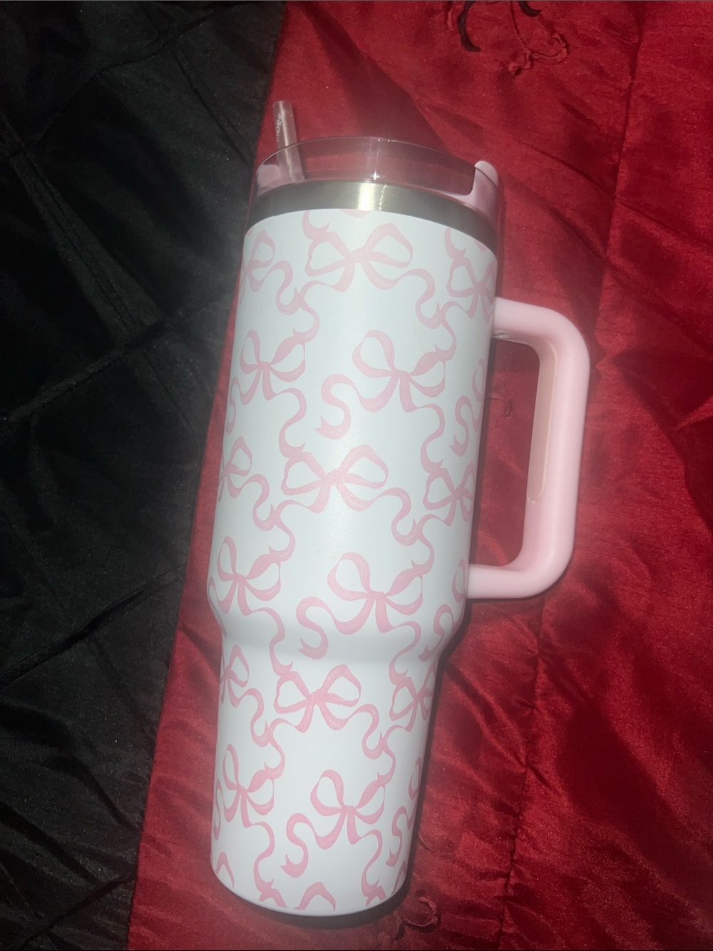 Pink Bow Pattern Travel Tumbler with Handle